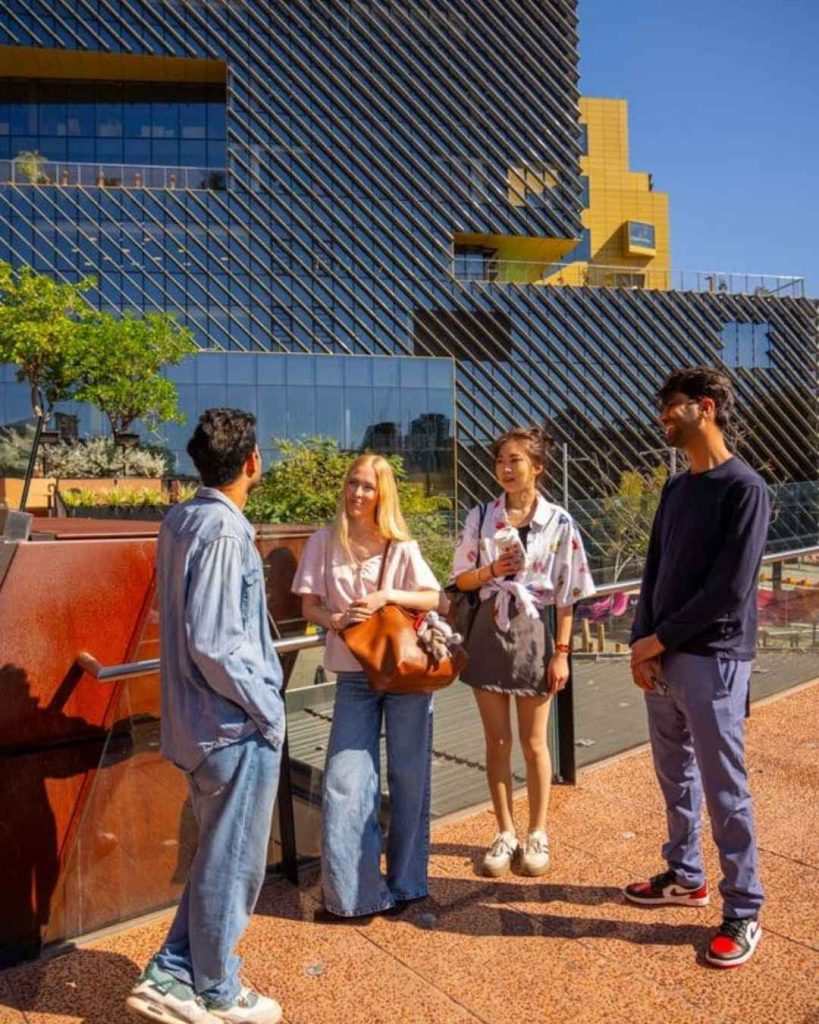 International postgraduate students in front of the ECU City Campus