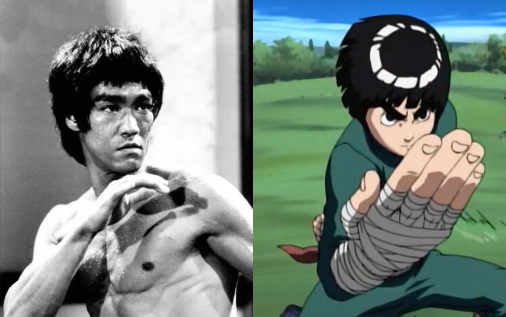Image showing Bruce Lee side-by-side with Rock Lee, displaying their clear similarities