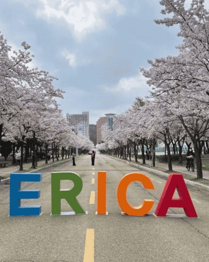 ERICA Campus at Hanyang University in Seoul, South Korea, surrounded by cherry blossoms