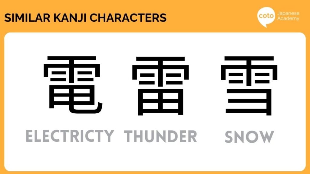 similar kanji 10. 電 (Den) vs 雷 (Kaminari) vs 雪 (Yuki)