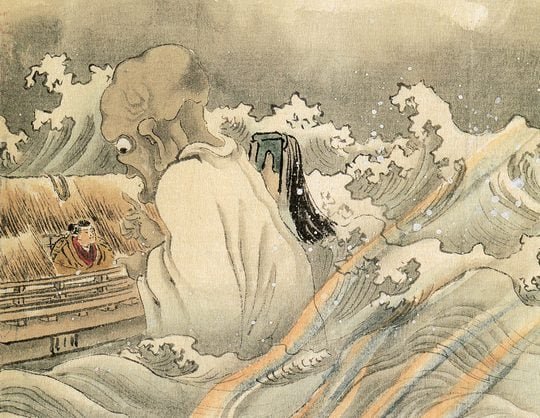 A Japanese painting of a funa yurei, or a ghost of the sea, tormenting a ship