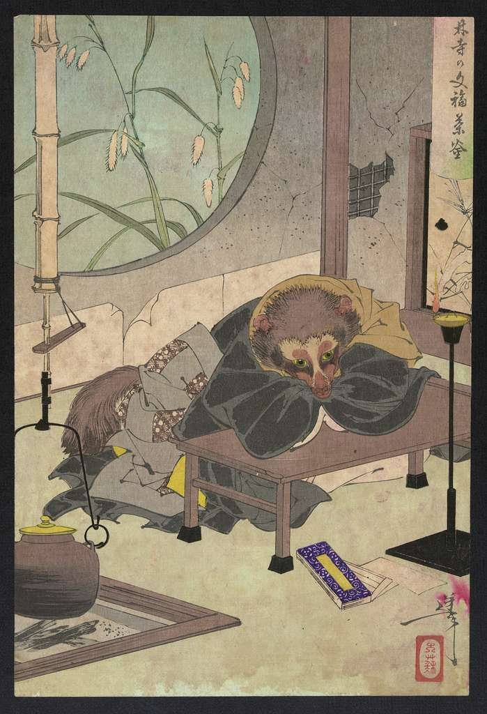 ukiyo painting of a tanuki wearing a kimono by Taiso Yoshitoshi